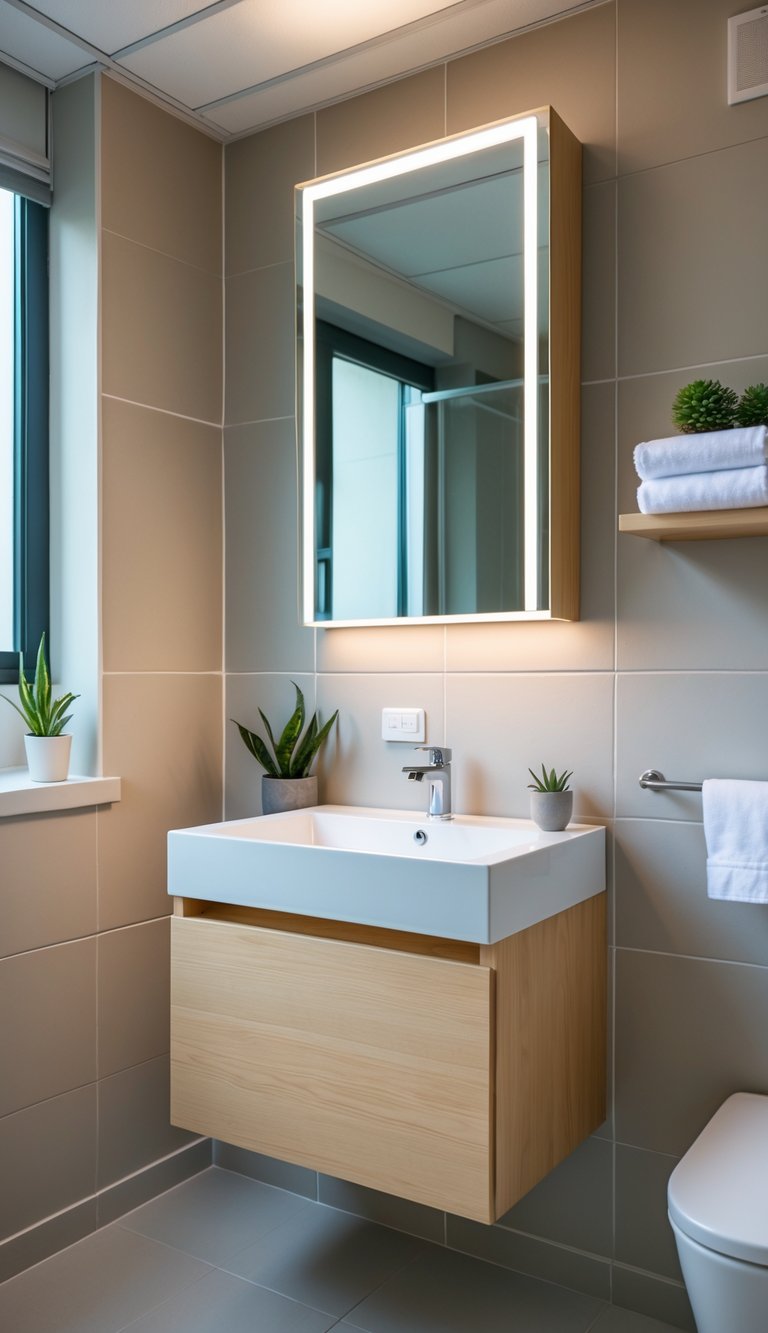 Compact wall-mounted vanity with a sink and mirror in a clean, well-lit college bathroom.