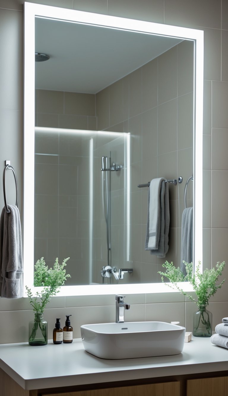 A college bathroom vanity area with a large mirror surrounded by soft white LED lights, sleek countertops, plants, and neatly arranged toiletries.