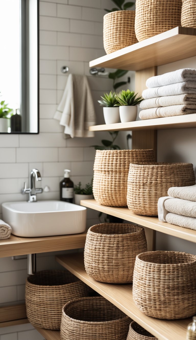 A collection of woven storage baskets arranged on shelves and countertops in a bathroom with towels, plants, and a sink.