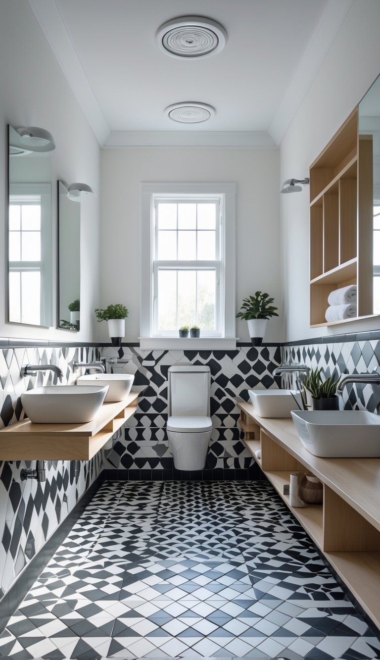 A clean college bathroom with black, white, and gray geometric patterned floor tiles, white sinks, mirrors, and small plants on shelves.