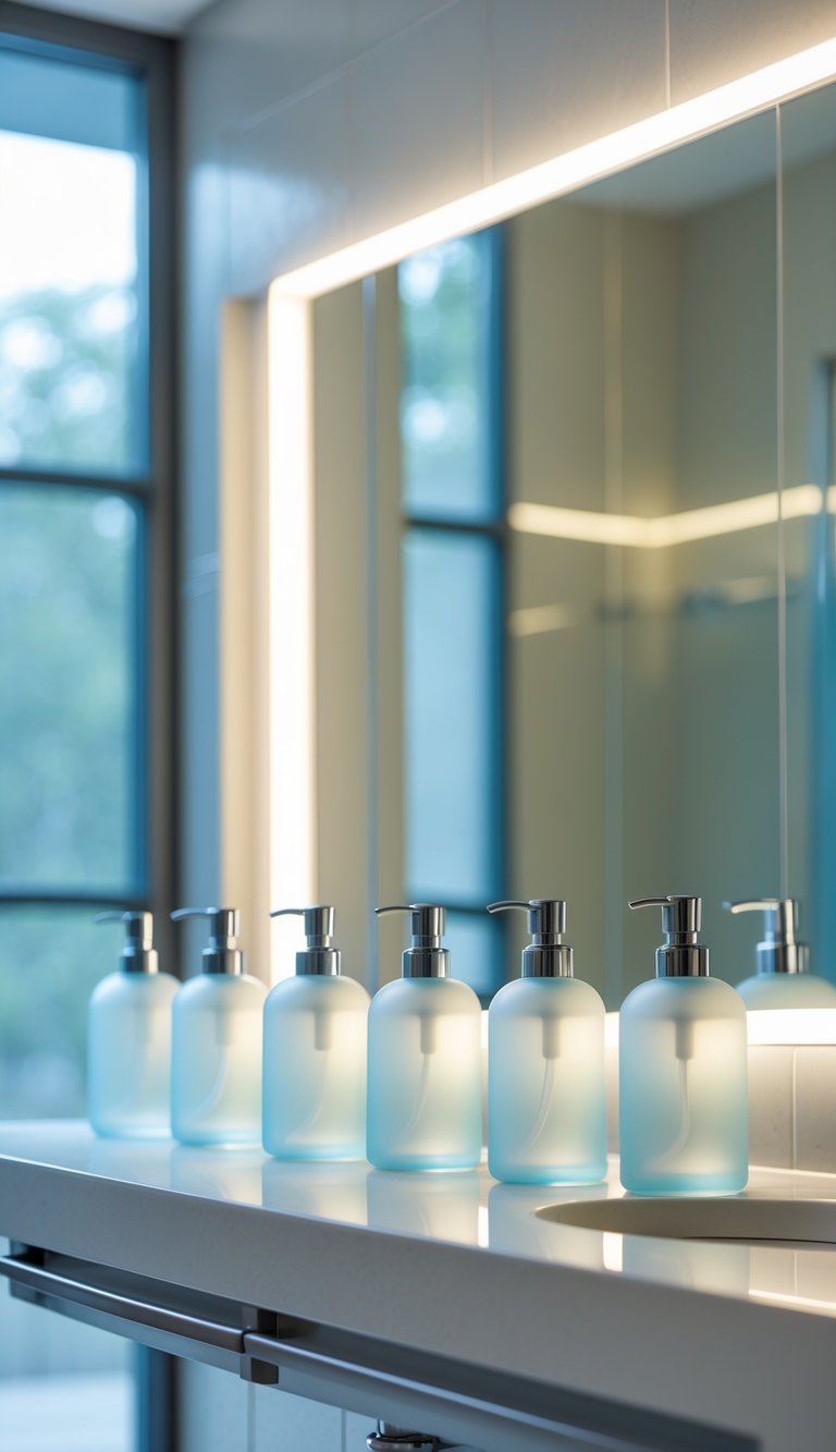 A college bathroom countertop with frosted glass soap dispensers and stylish decor.