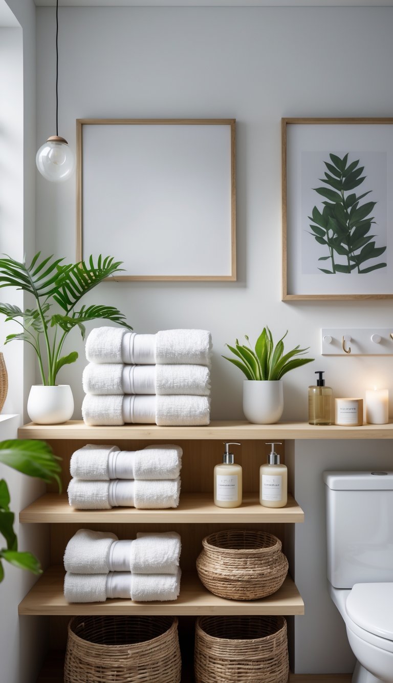 A clean college bathroom with neatly folded cotton towels on wooden shelves, green plants, and various decorative items arranged around the sink area.