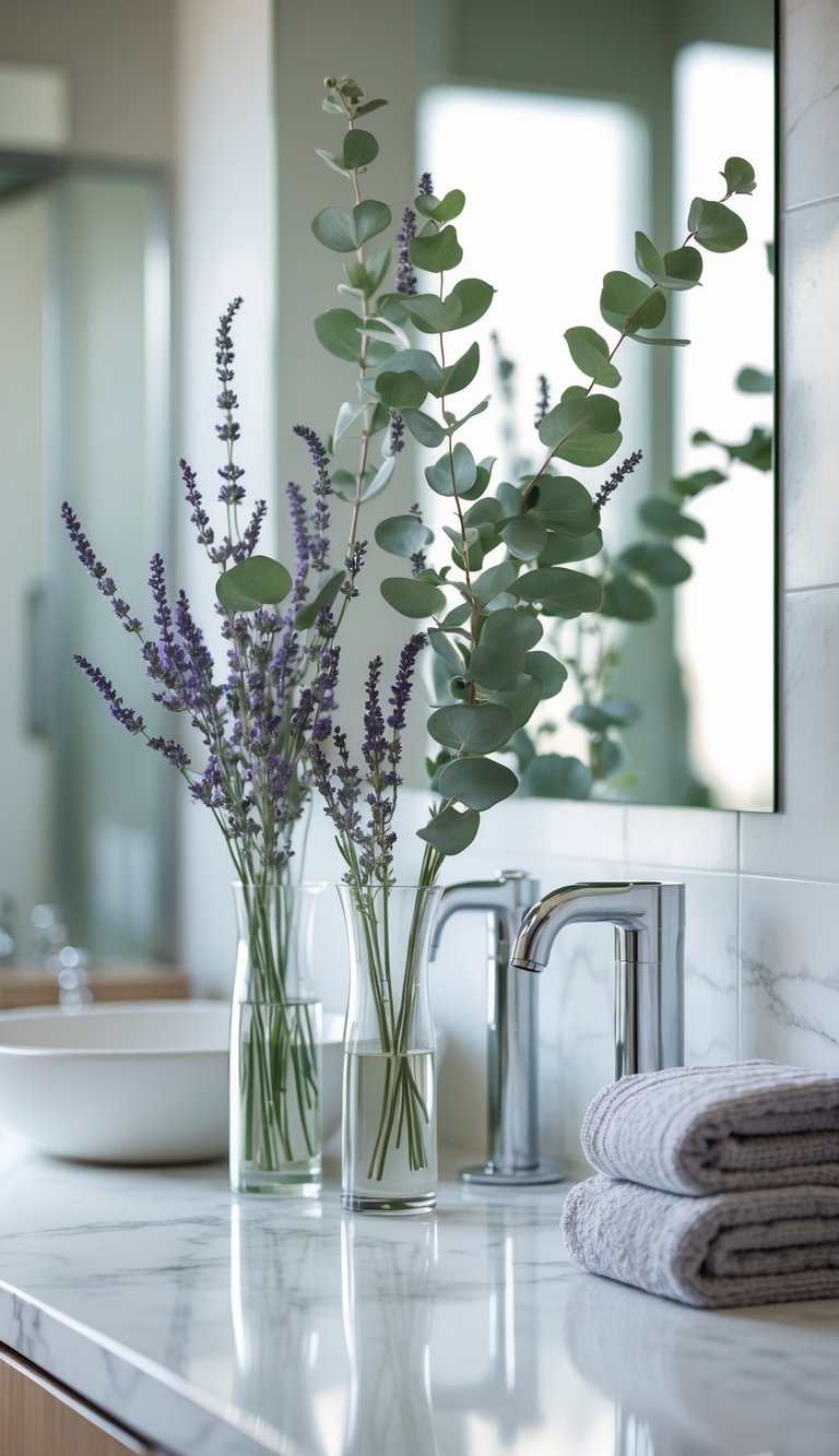 A college bathroom countertop with eucalyptus and lavender sprigs in glass vases, a sink, towels, and chrome fixtures.