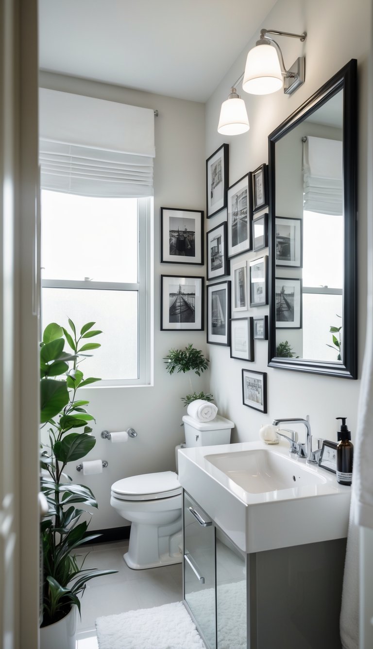 A clean college bathroom with framed black and white photographs on the walls, a white sink, mirror, and decorative plants.