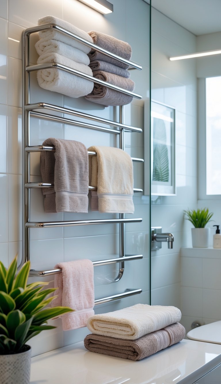 A clean college bathroom with stainless steel towel racks holding folded towels and tasteful decorative elements.