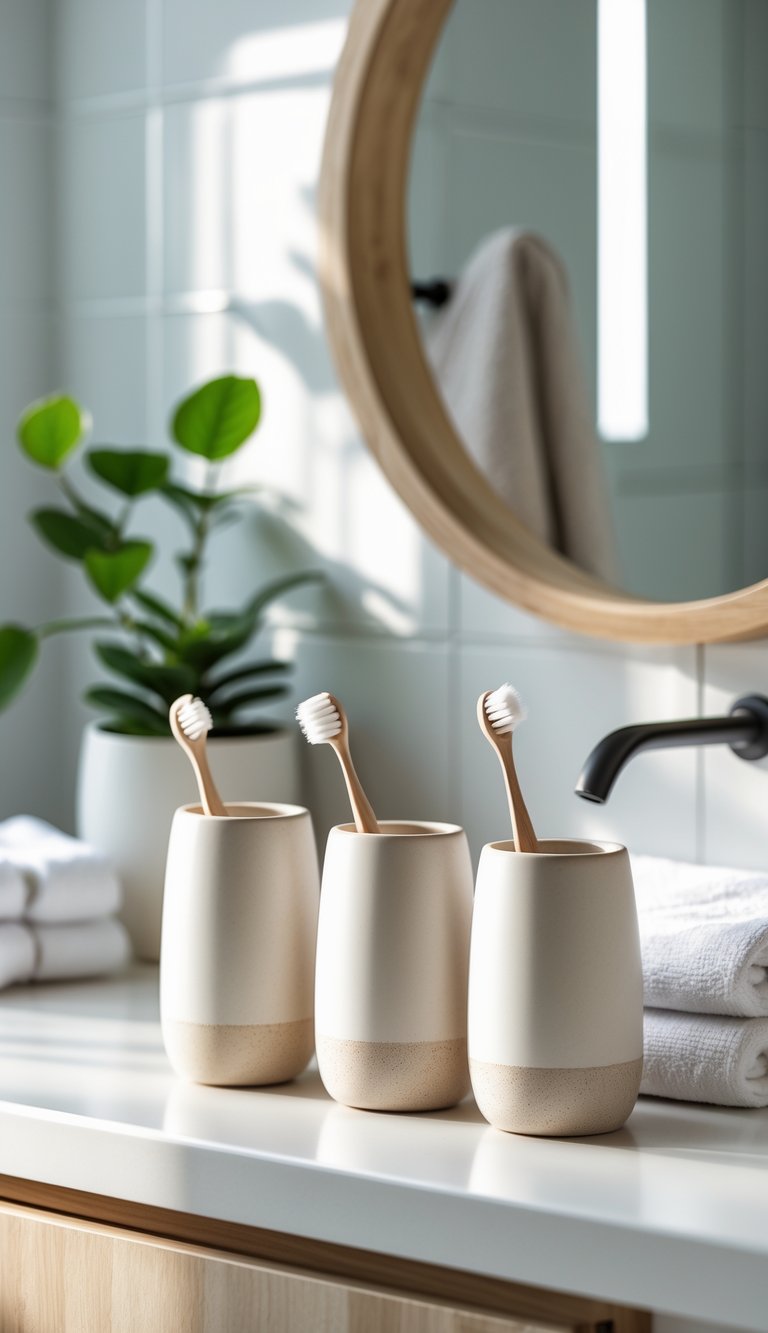 A bathroom countertop with matching ceramic toothbrush holders, a small plant, and folded towels.