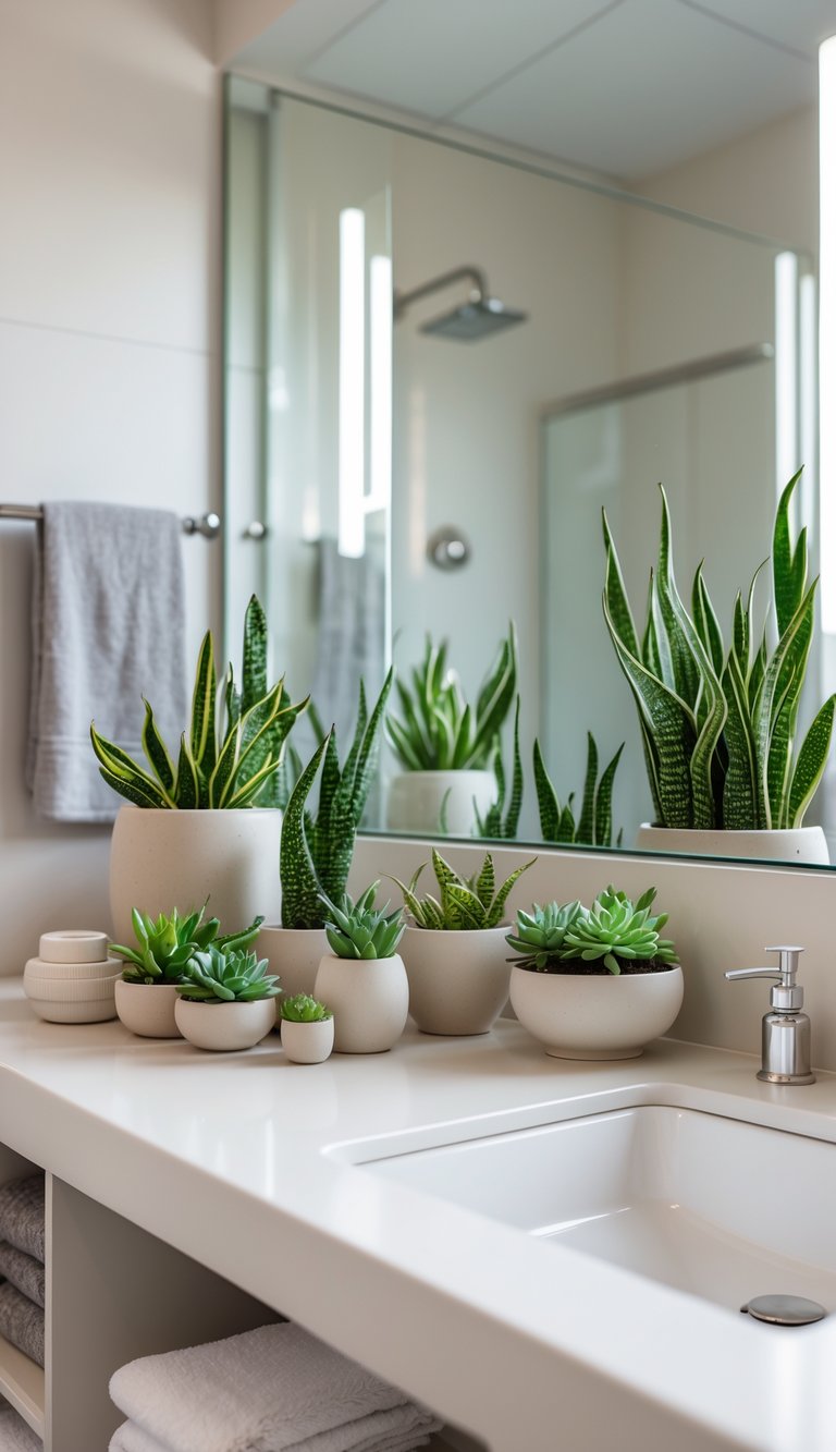 A college bathroom countertop and shelves with small potted succulents and snake plants arranged among bathroom essentials.