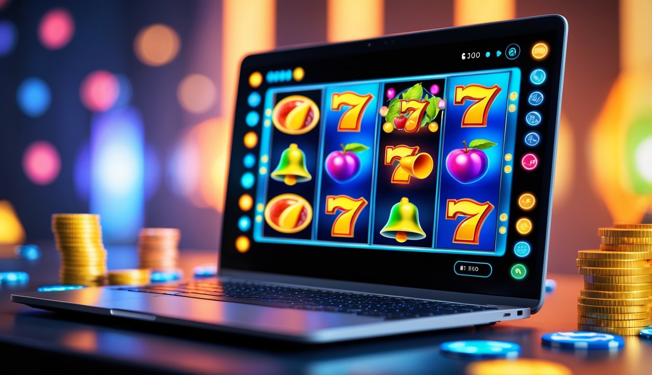 Seseorang bermain permainan slot online di komputer dengan layar menampilkan gulungan mesin slot berwarna-warni.