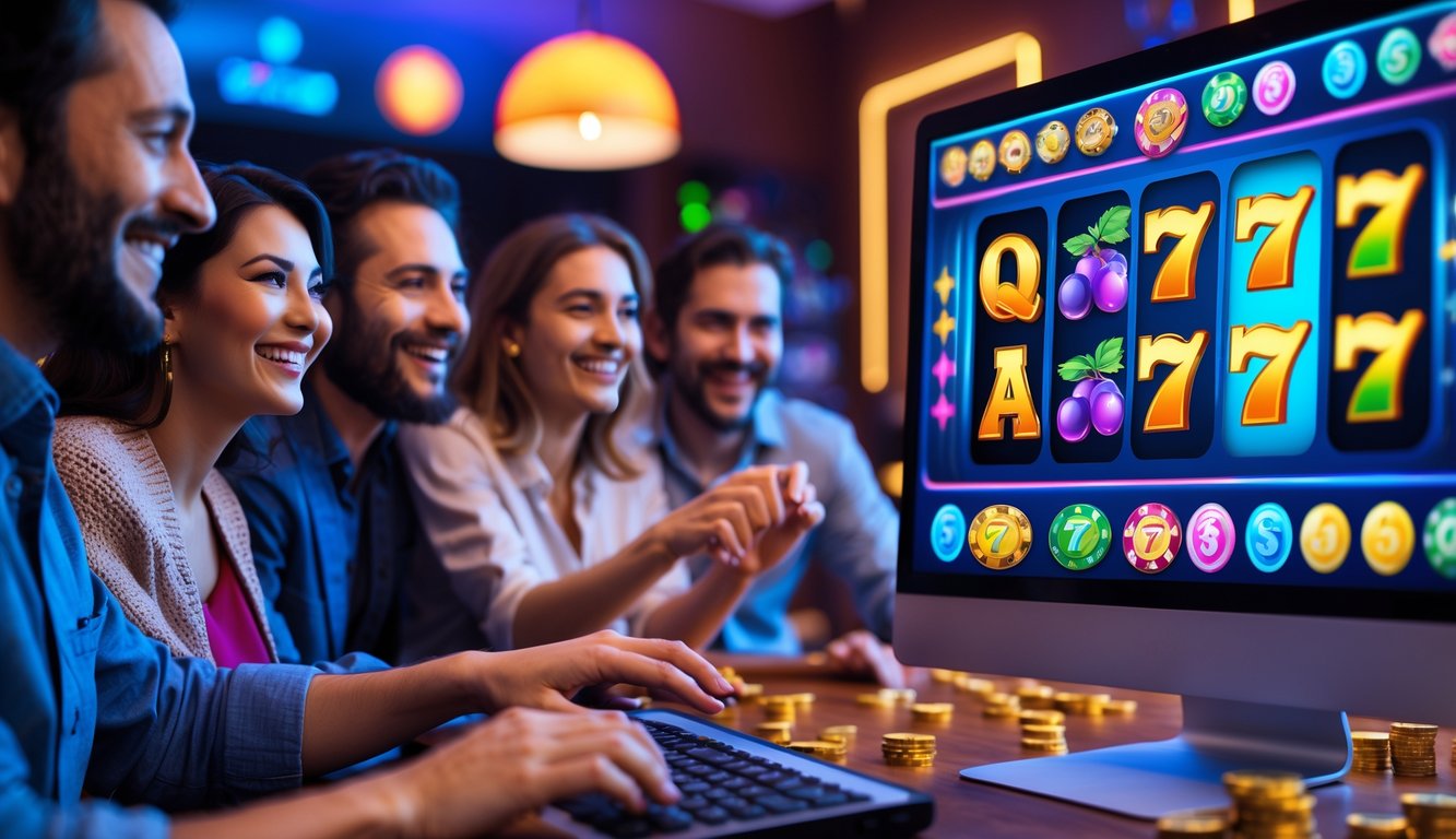 Orang-orang bermain slot online dengan komputer di ruangan yang nyaman dan cerah.