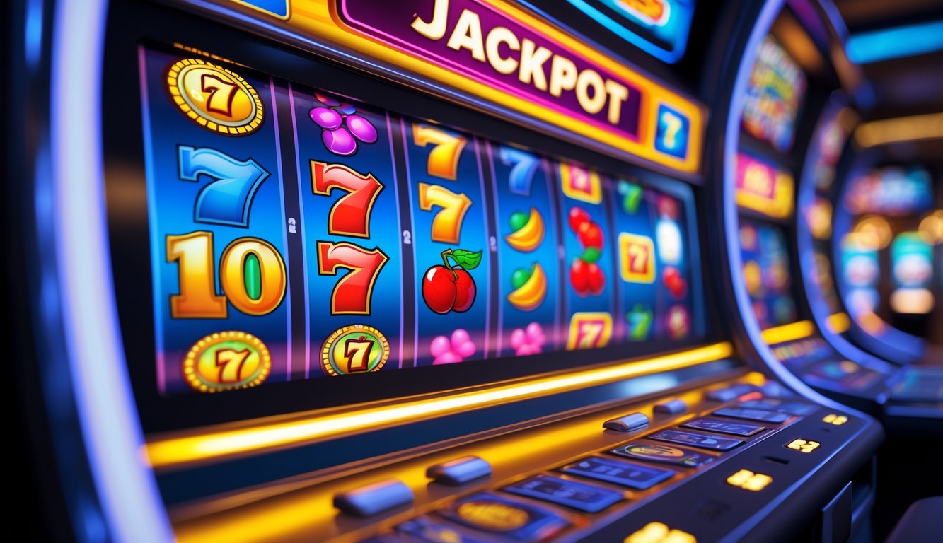 Sebuah mesin slot digital modern dengan layar besar menampilkan simbol-simbol slot berwarna-warni dan koin yang tampak sedang jatuh.