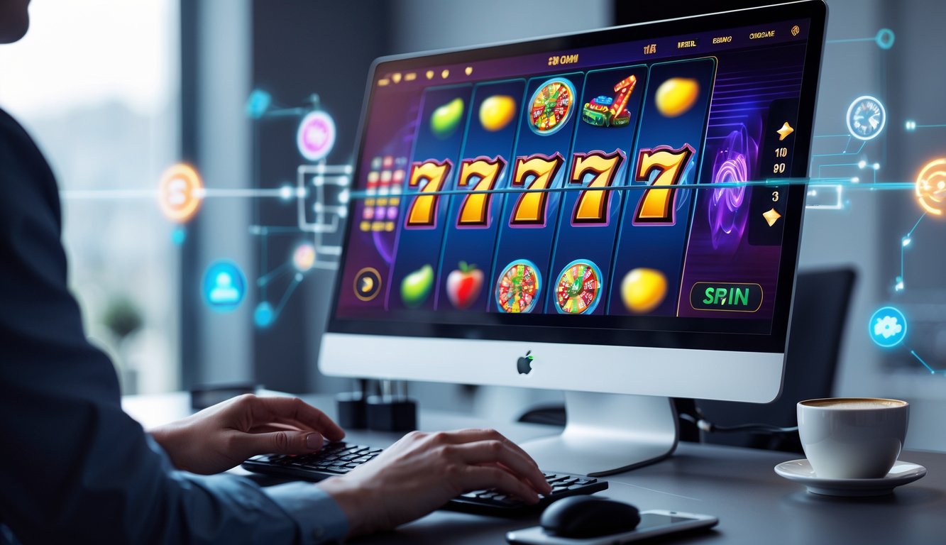 Seseorang sedang bermain permainan slot online di komputer dengan layar besar di meja kerja modern.