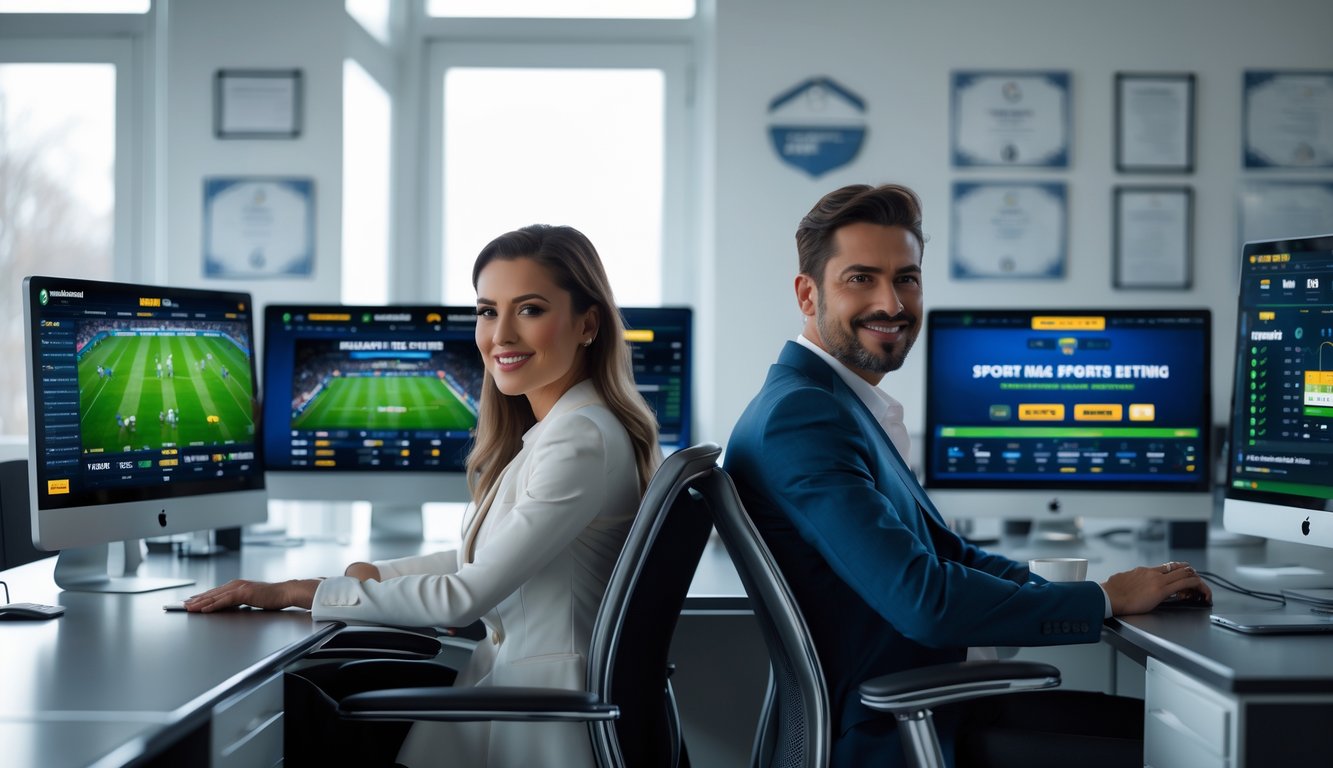 Dua orang profesional sedang bekerja di depan komputer dengan tampilan taruhan olahraga online di kantor modern.