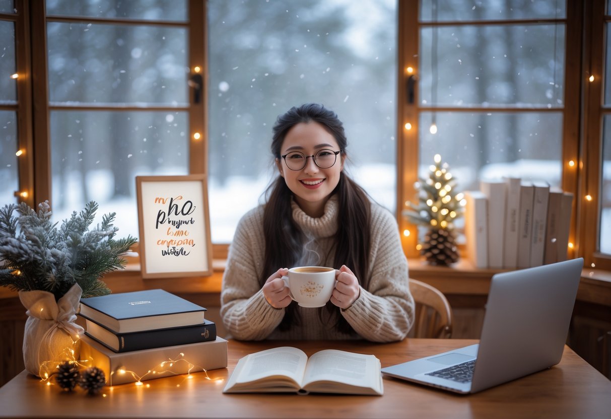 A young woman sitting at a desk by a snowy window, surrounded by academic gifts and winter decorations, smiling while holding a cup of tea.