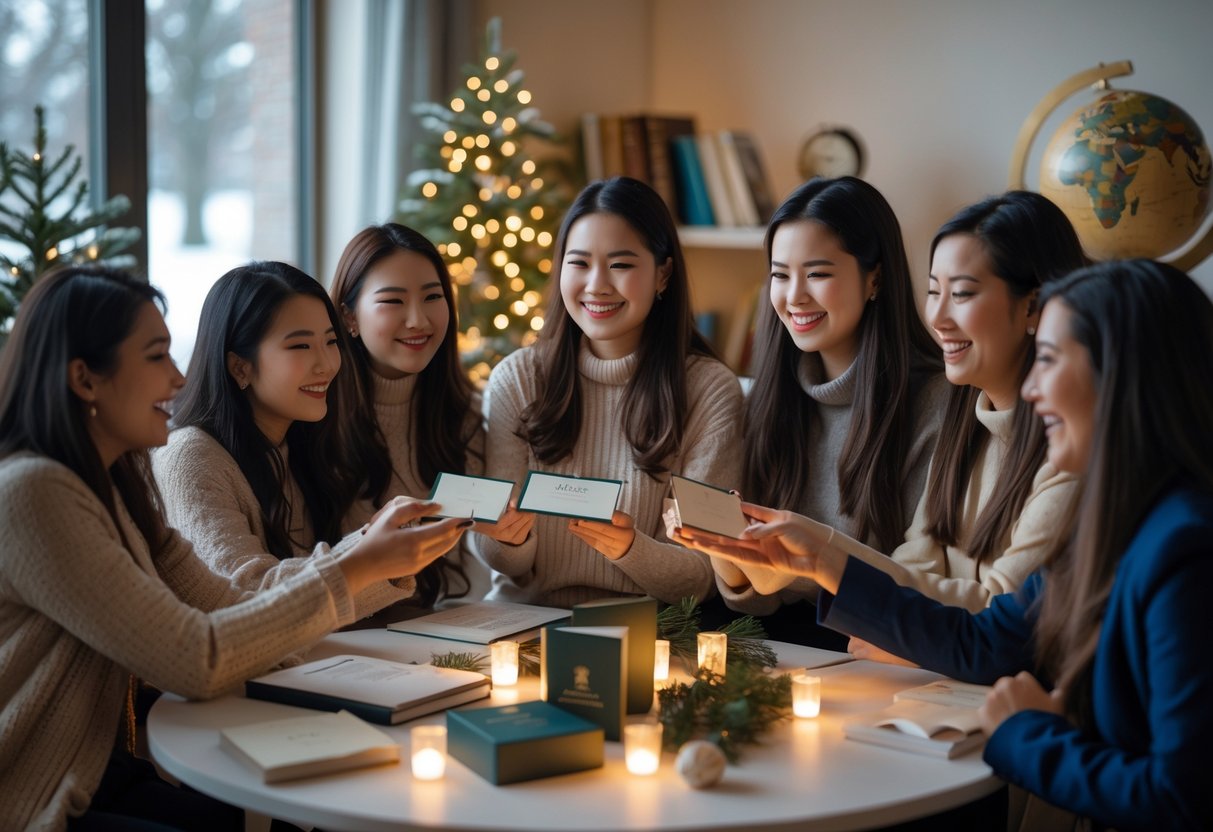 A group of women celebrating winter milestones indoors, exchanging gifts and smiling around a decorated table with winter and academic-themed items.