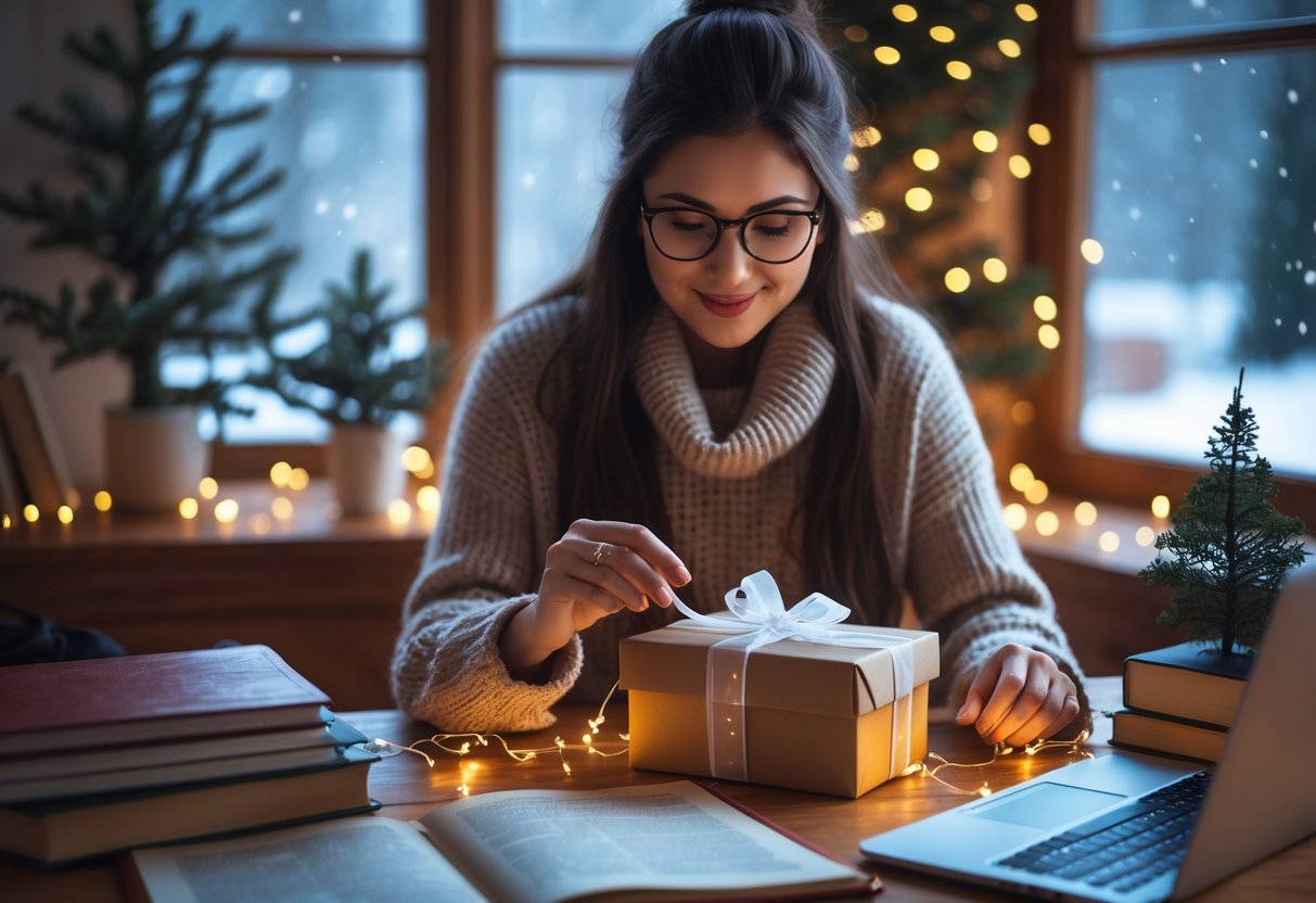 A young woman in a cozy room examining a wrapped gift at her desk with books and a laptop, with winter decorations and a snowy window in the background.