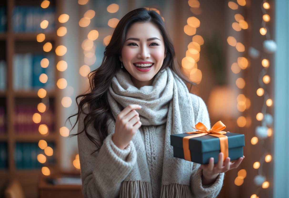 A young woman smiling indoors, holding a wrapped gift box with winter decorations and books in the background.