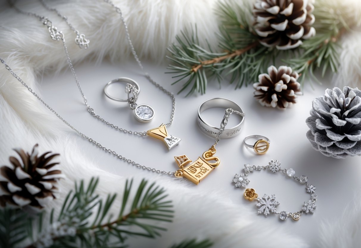 Close-up of elegant jewelry pieces with academic and winter-themed designs arranged on a soft white fur background with pine branches and snowflakes.