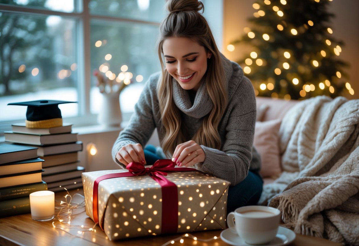 A young woman happily opening a wrapped gift in a cozy room decorated for winter, with books and a graduation cap in the background.