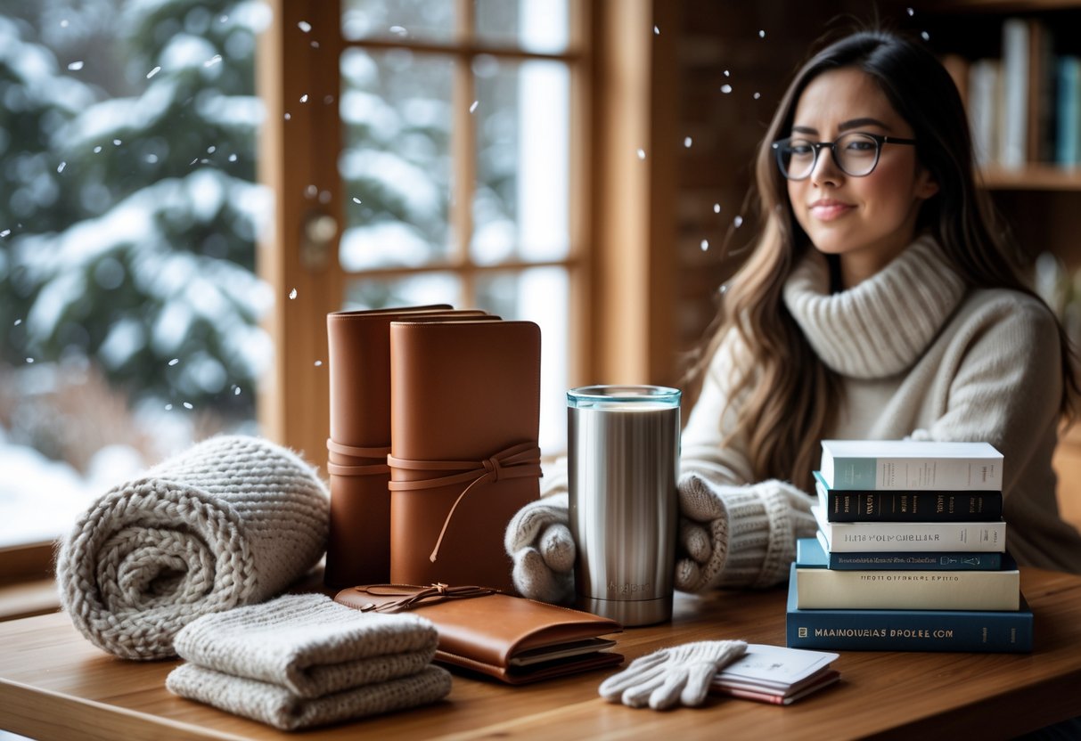 A young woman sitting by a window with snow outside, surrounded by winter gifts including a scarf, gloves, notebooks, and a travel mug on a wooden table.