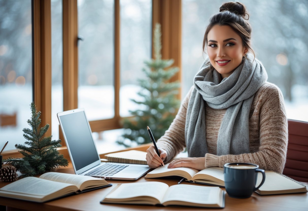 A young woman studying at a desk with books and a laptop in a cozy winter setting.