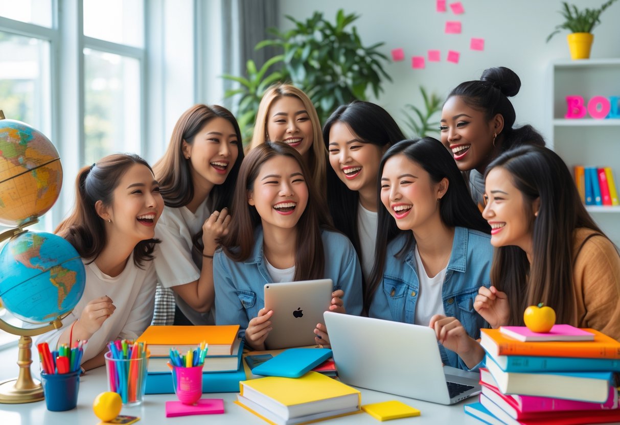 A group of young women smiling and laughing together in a bright study space filled with books and learning materials.