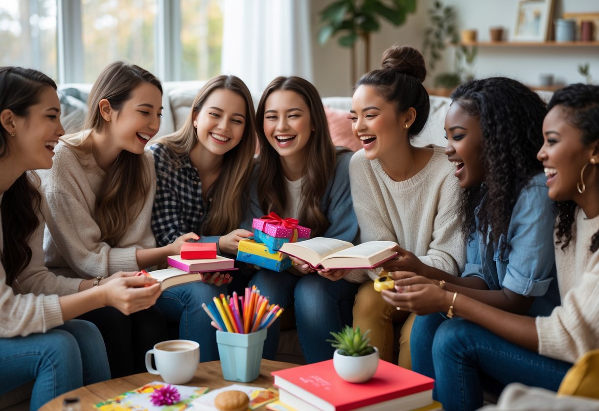 A group of young women smiling and exchanging thoughtful gifts in a cozy living room filled with books and plants.