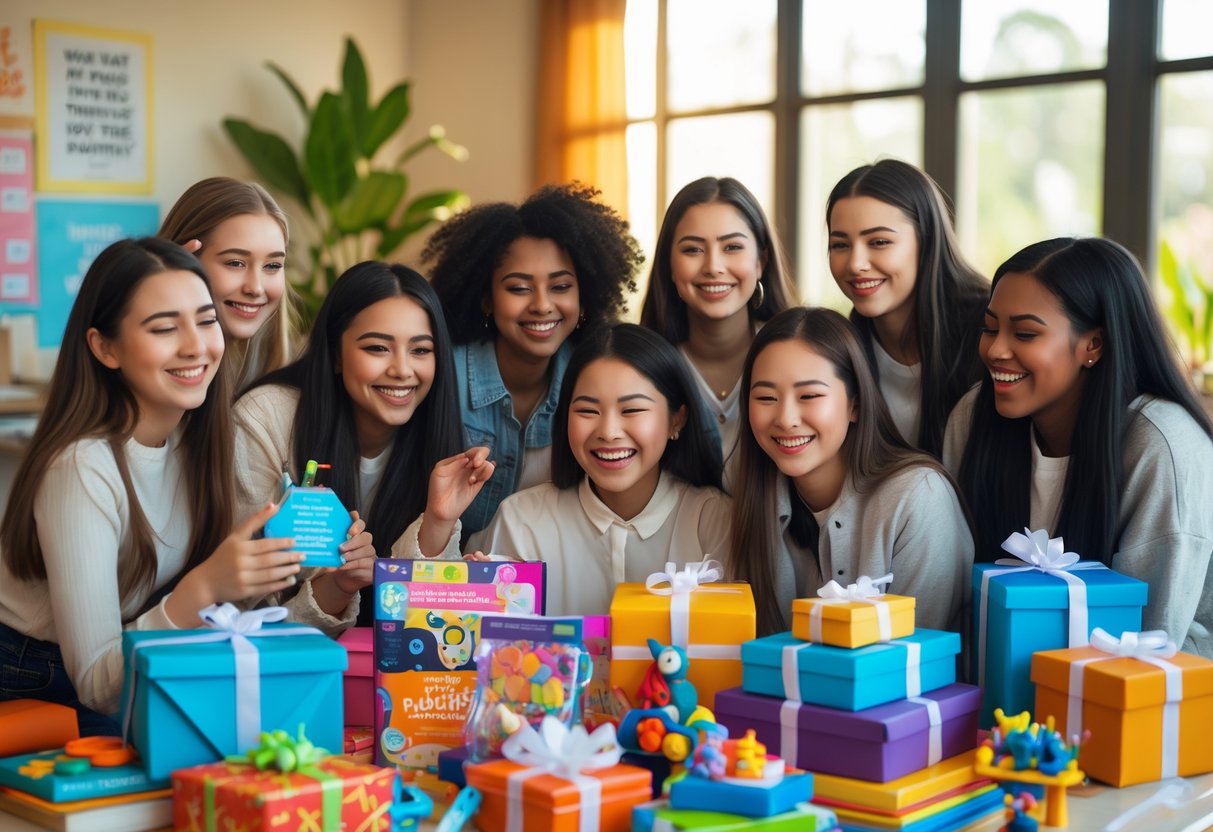 A group of young women happily exploring educational and fun gifts together at a table in a bright room.