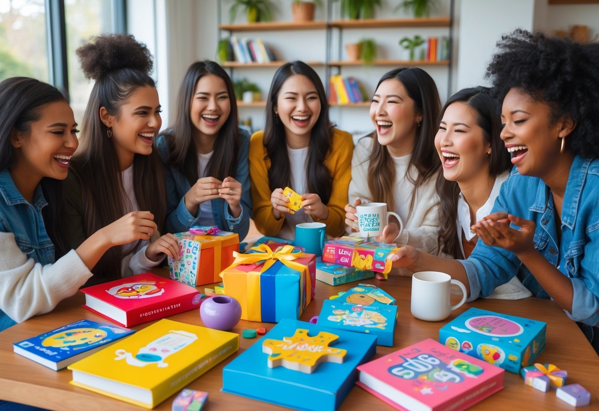 A group of young women laughing and enjoying educational and fun gifts together around a table in a cozy living room.
