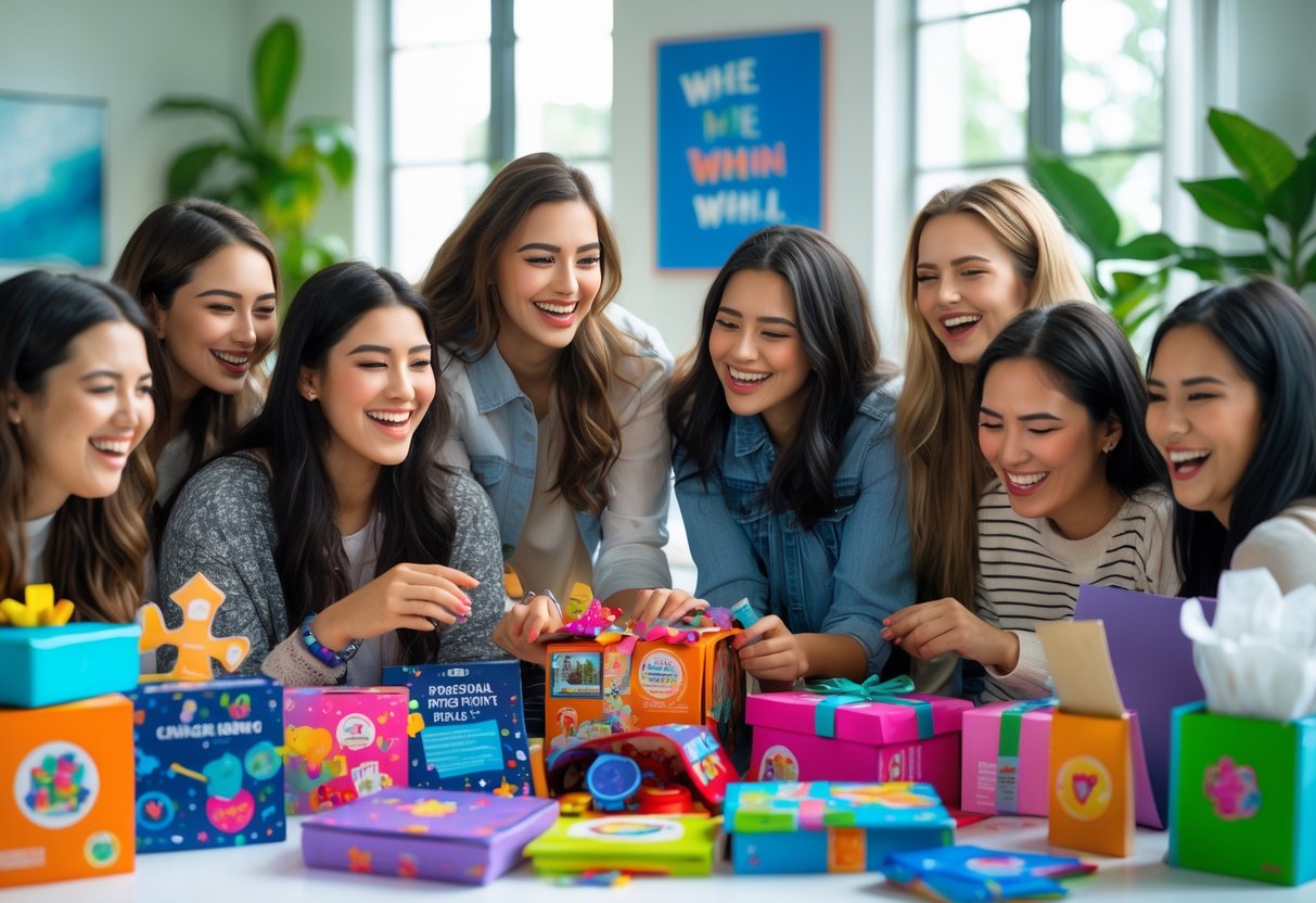 A group of young women happily exploring creative and educational gifts together around a table.
