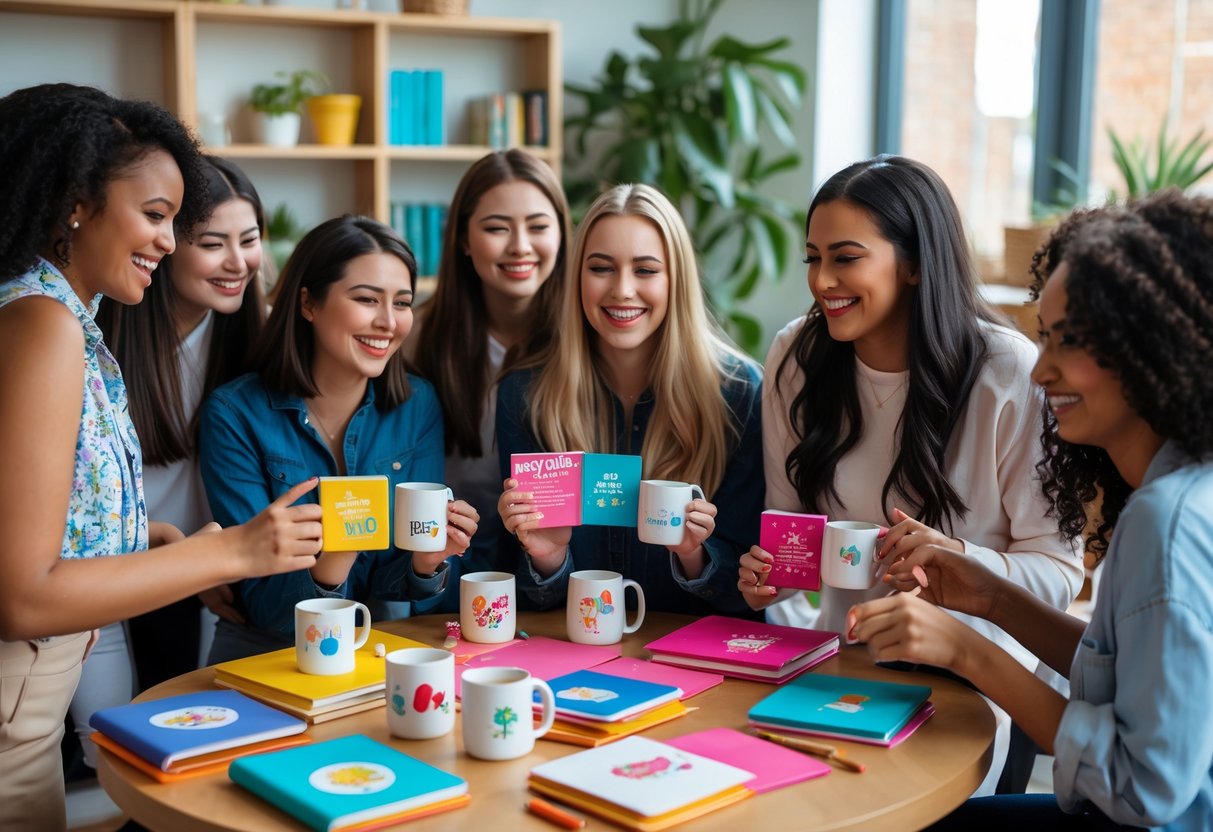 A group of young women smiling and laughing together around a table with personalized gifts in a cozy room.