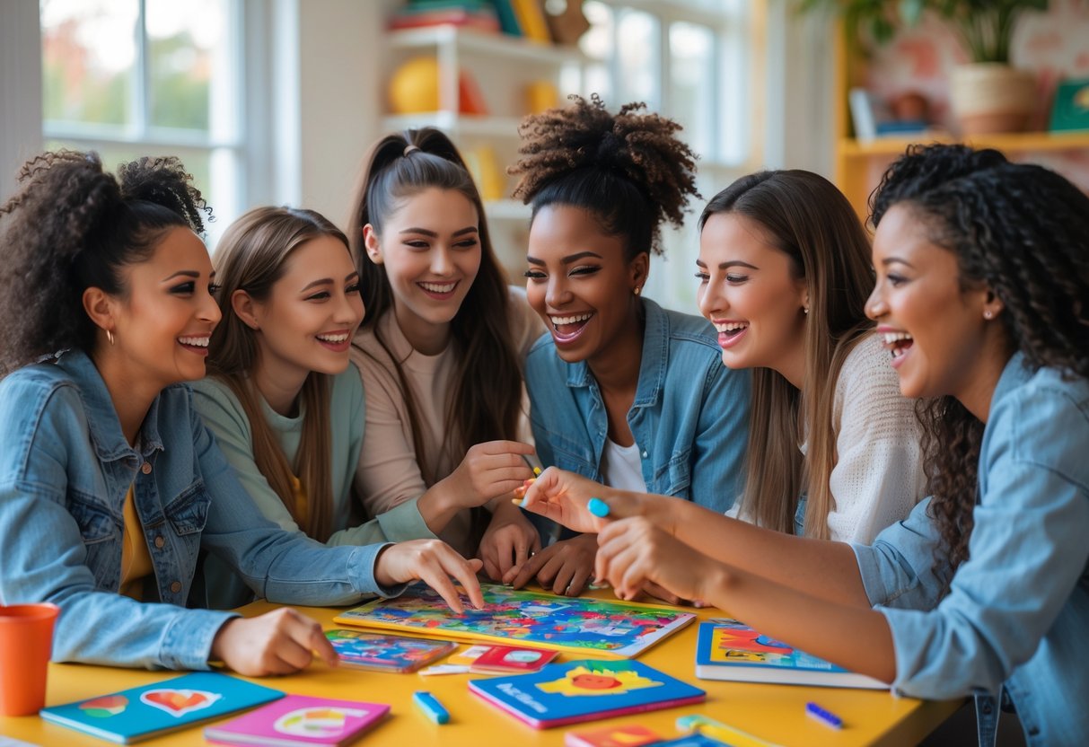 A group of young women smiling and laughing together while engaging in a fun learning activity around a table indoors.