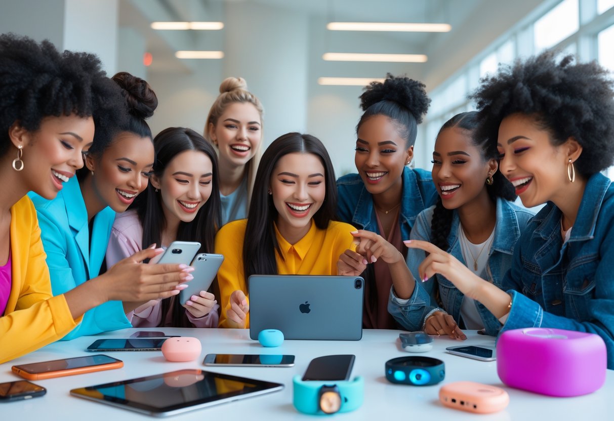 A group of young women smiling and interacting with various tech gadgets and smart devices on a table indoors.