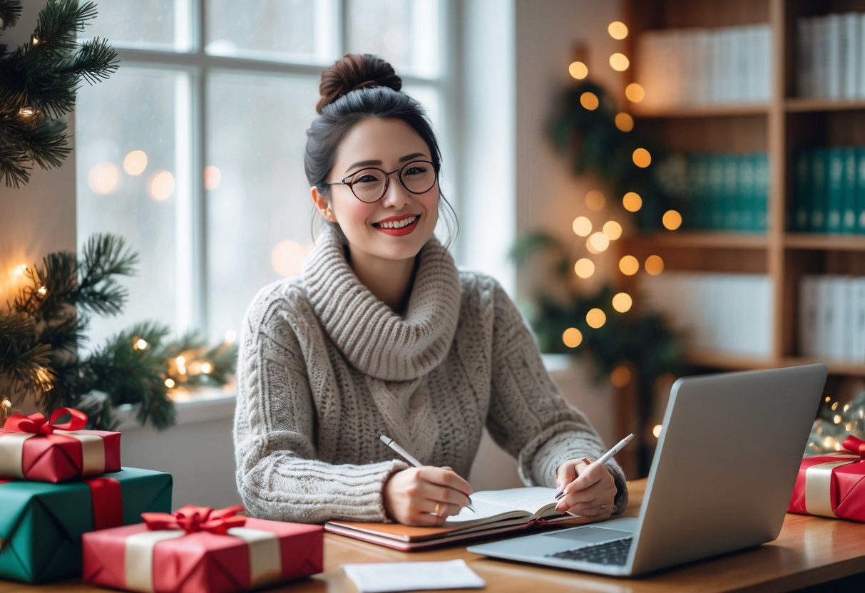 A young woman sitting at a desk near a window with wrapped presents and holiday decorations, smiling while holding a notebook, with a laptop and a mug on the desk.
