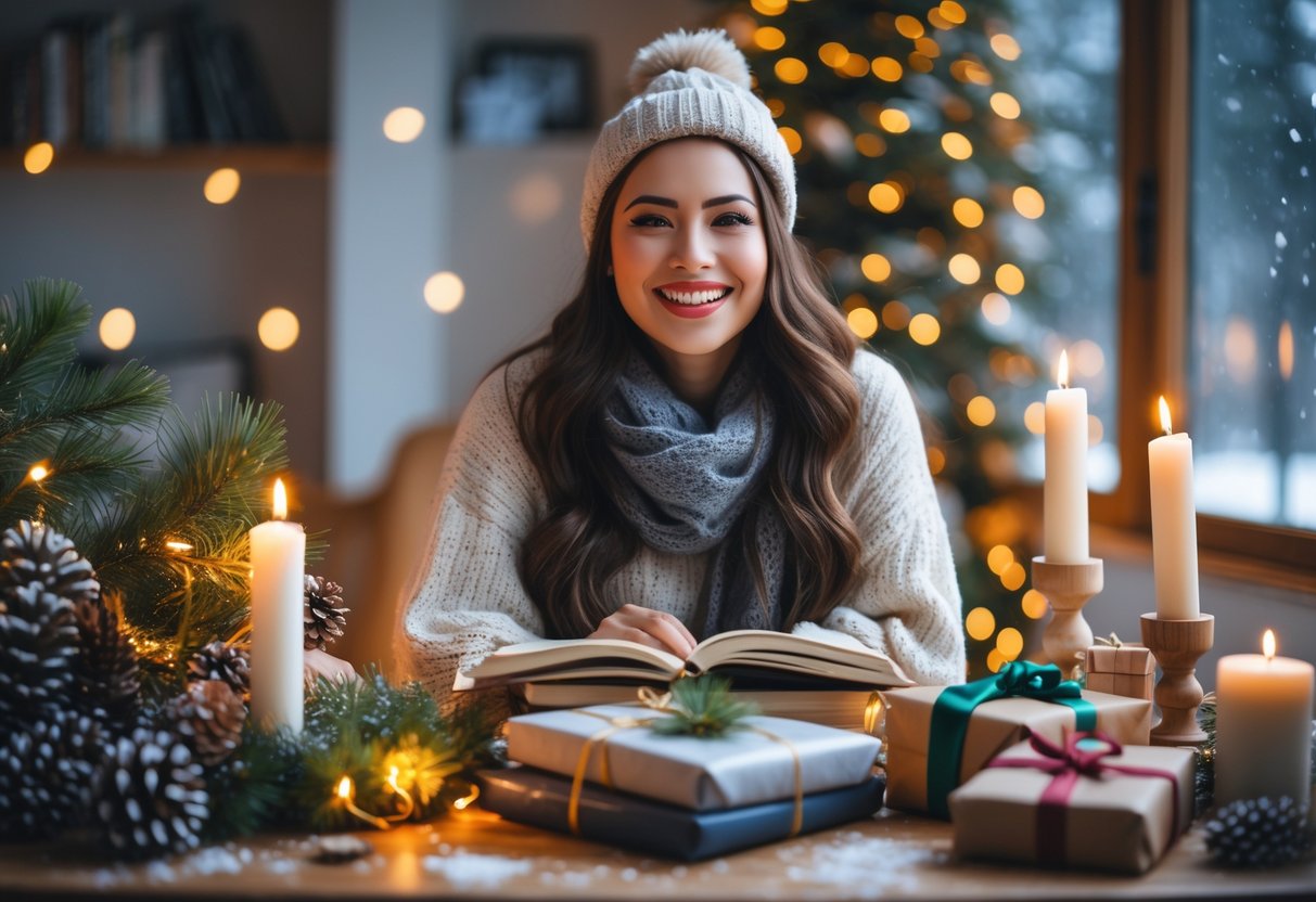 A young woman sitting at a table with wrapped gifts and winter decorations, smiling happily in a cozy room with snow falling outside.