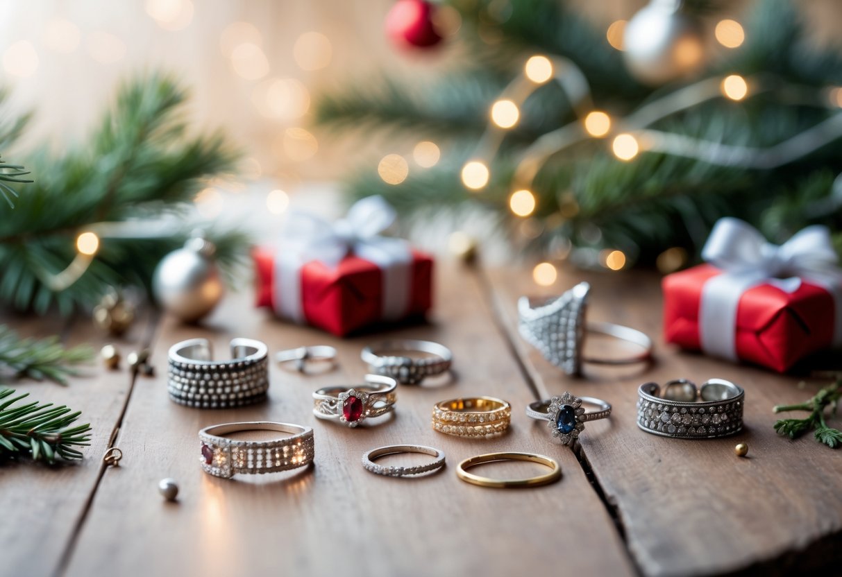 A collection of rings and earrings arranged on a table with winter holiday decorations including pine branches and fairy lights.