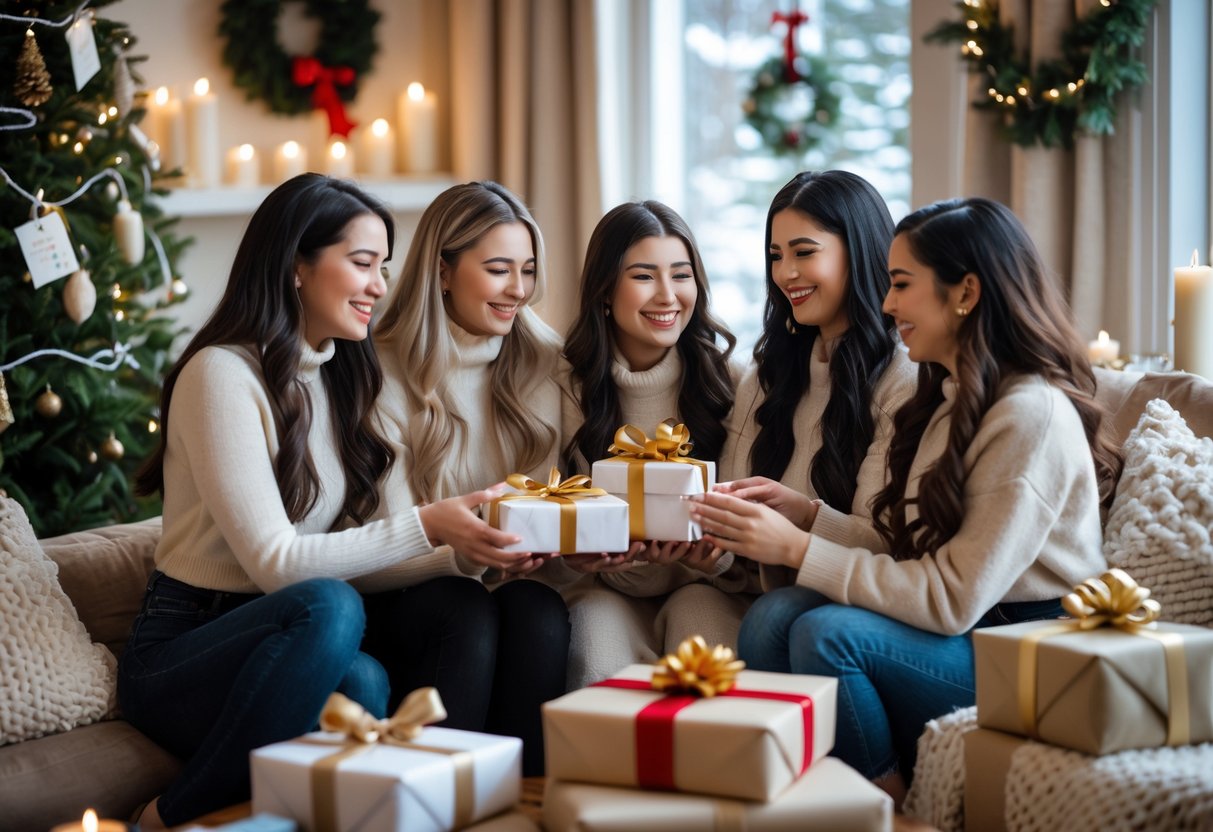 A group of young women exchanging holiday gifts indoors, surrounded by festive decorations and a Christmas tree.