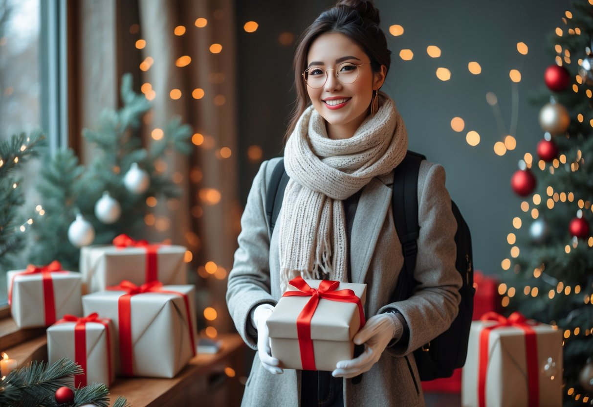 A young woman in winter clothing smiling indoors near holiday decorations and wrapped presents.