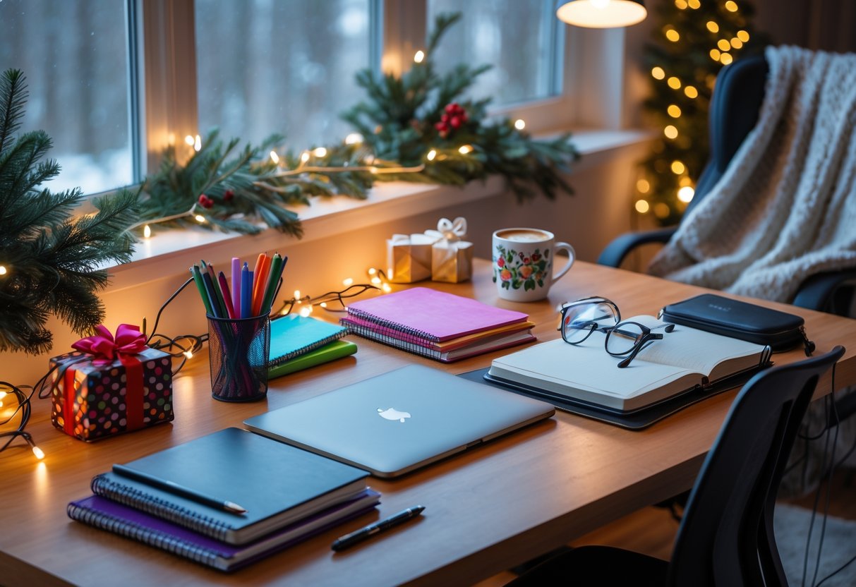 A cozy winter desk setup with study materials, a laptop, and holiday decorations by a window.