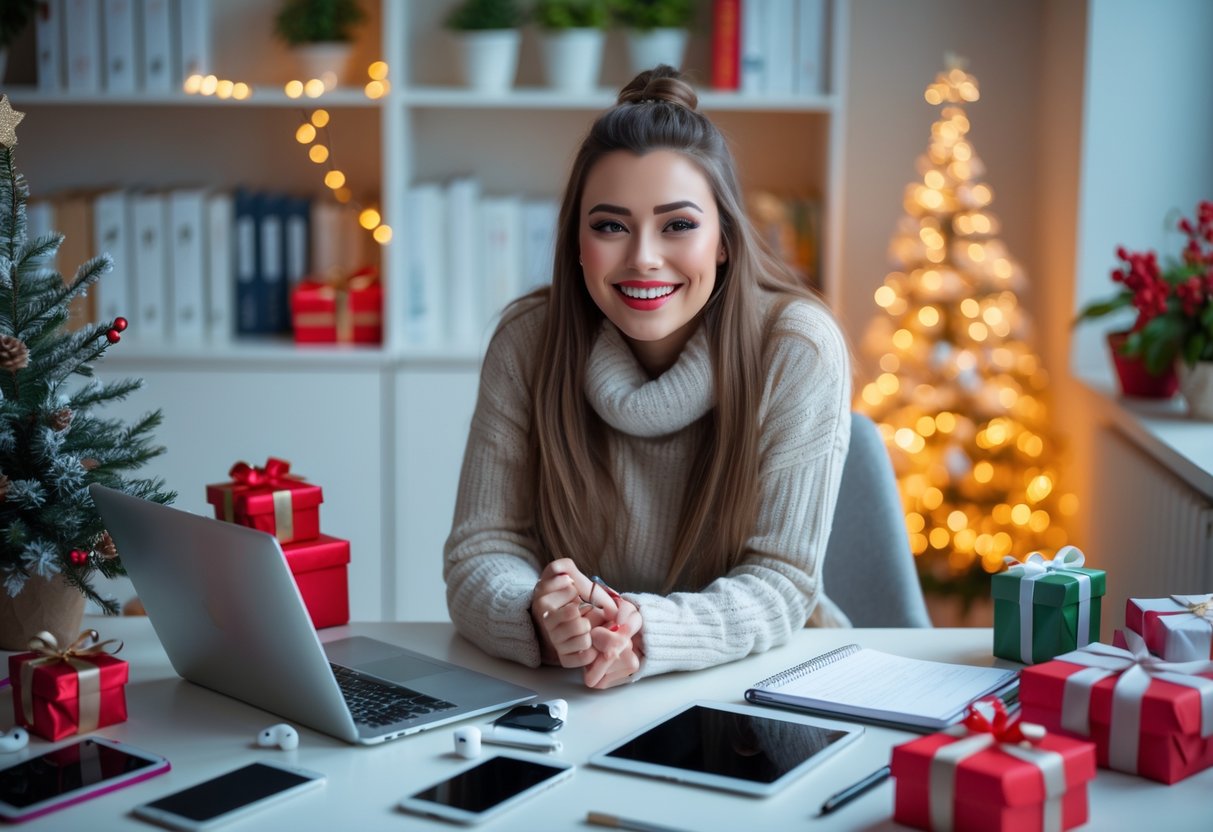 A young woman sitting at a desk with tech gadgets and holiday decorations, smiling and preparing for graduate school.