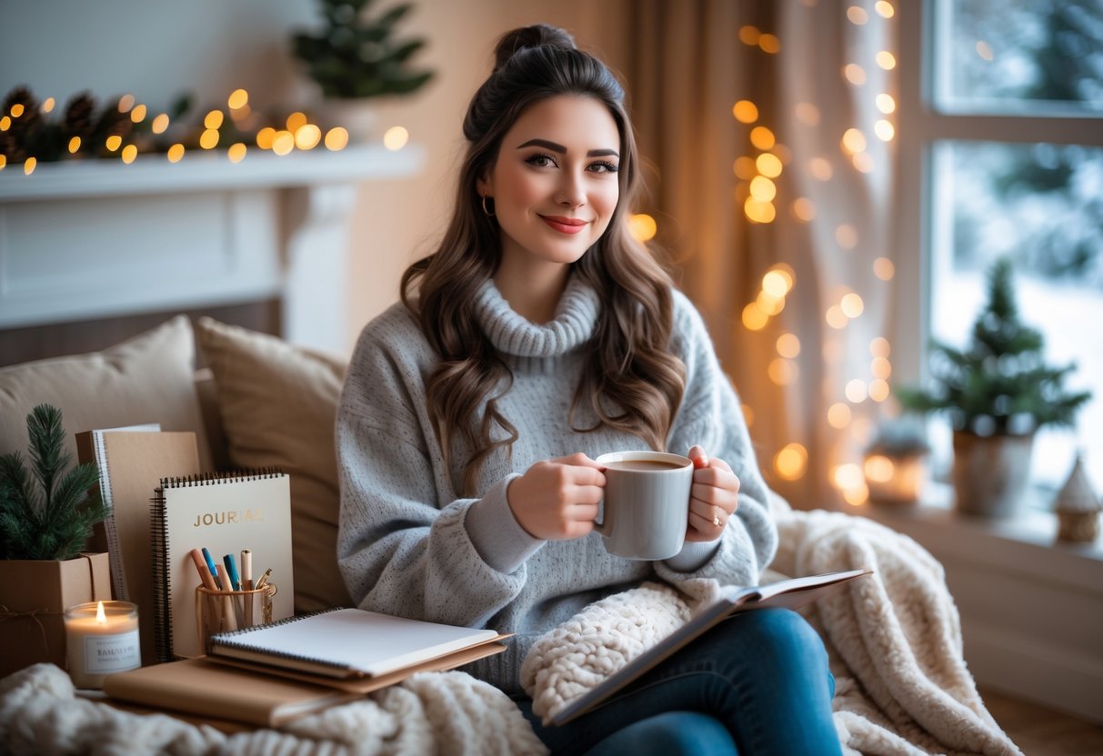 A young woman sitting in a cozy, decorated living room holding a mug, surrounded by thoughtful gifts and winter holiday decorations.