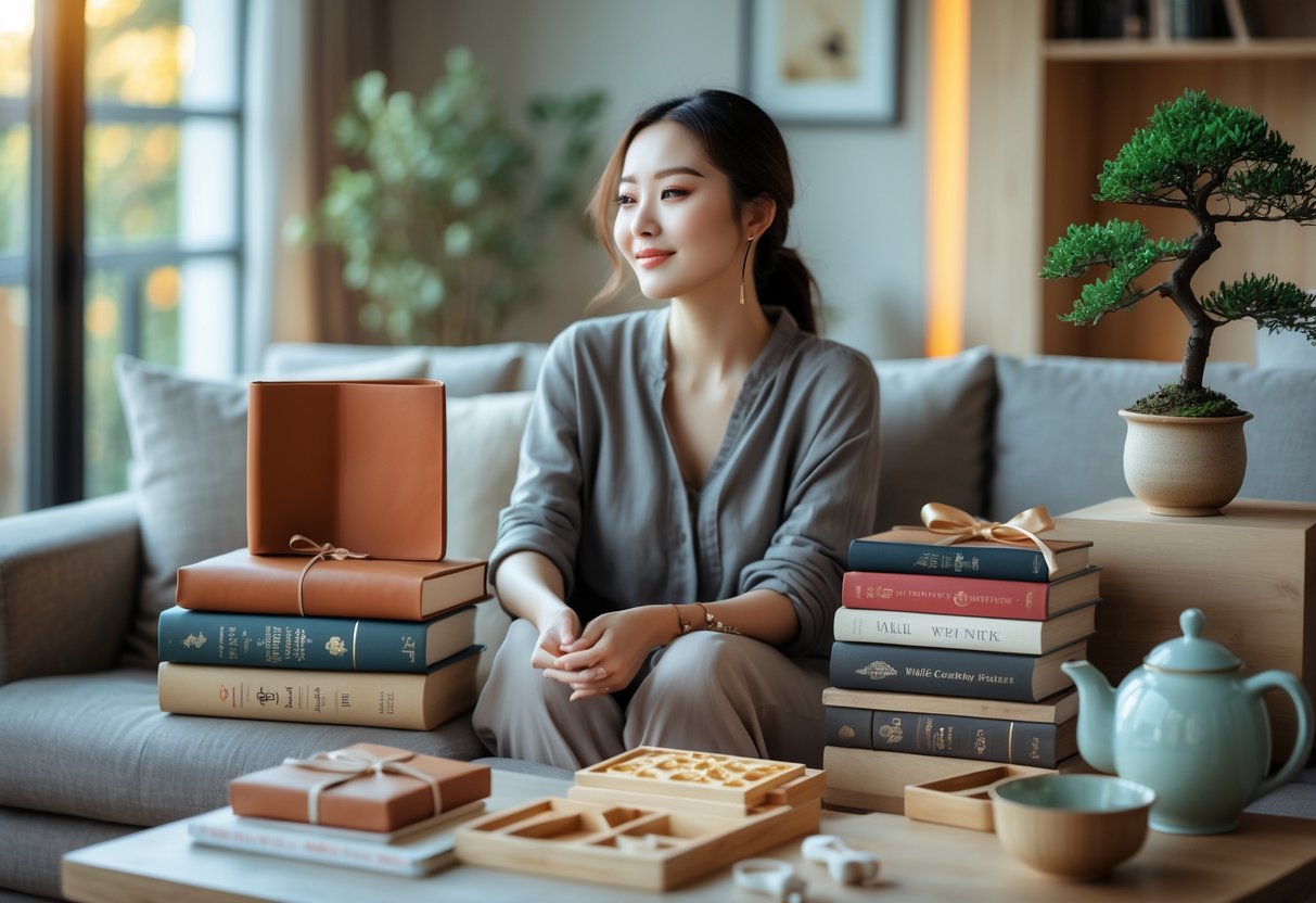 A young woman in her 20s sitting in a cozy living room surrounded by meaningful birthday gifts like books, a journal, a bonsai tree, and a tea set, looking thoughtfully at one of the presents.