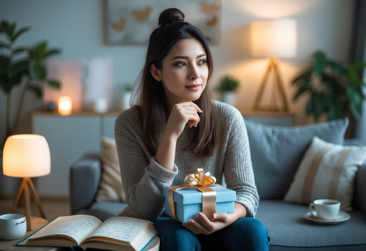 A young woman in her 20s sitting thoughtfully in a cozy living room holding a wrapped birthday gift.