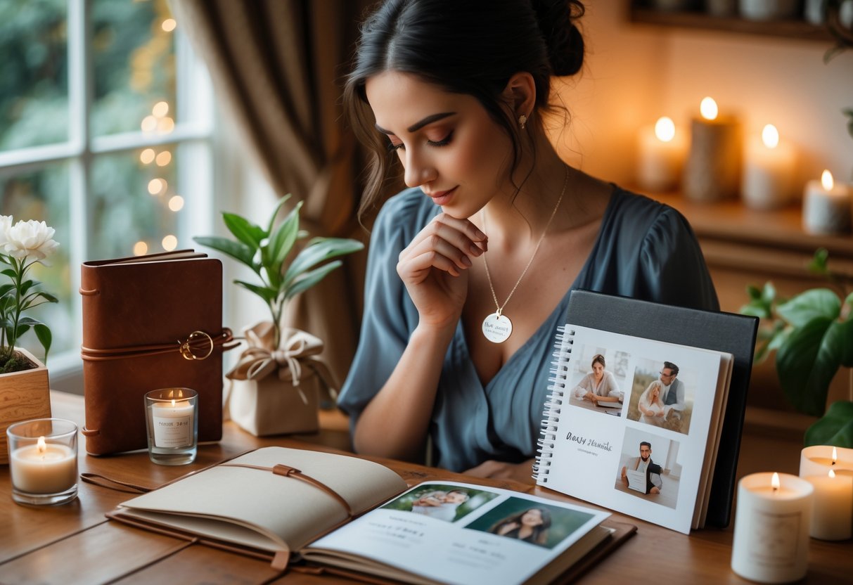 A young woman in her 20s sitting at a wooden table surrounded by personalized birthday gifts, looking thoughtfully at a necklace she is holding.