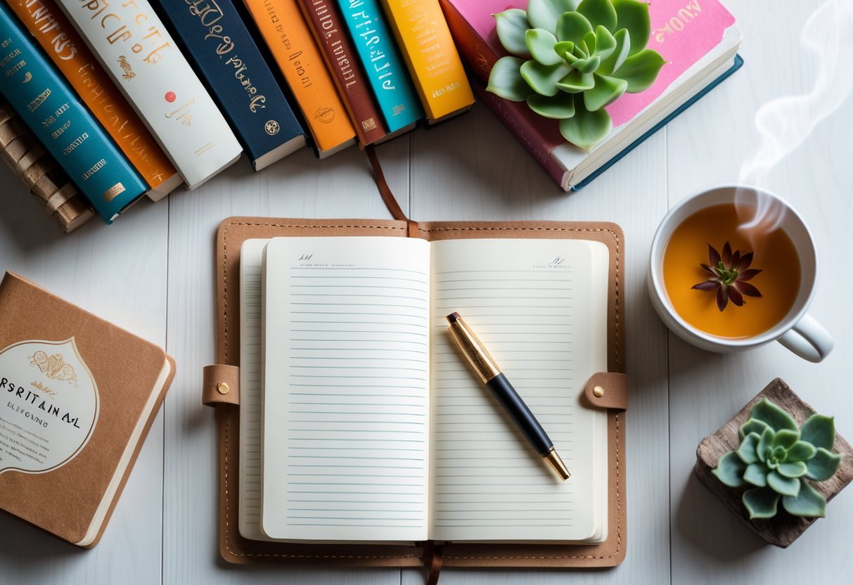 Flat lay of a journal, inspirational books, a pen, a small plant, and a cup of tea arranged on a wooden surface.