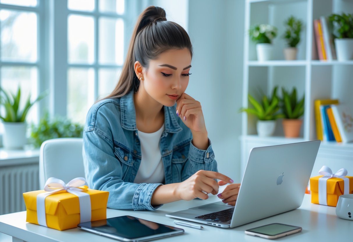 A young woman in her 20s sitting at a desk surrounded by tech gadgets like an e-reader, wireless headphones, and a smart notebook, looking thoughtfully at the items in a bright room with bookshelves and plants.