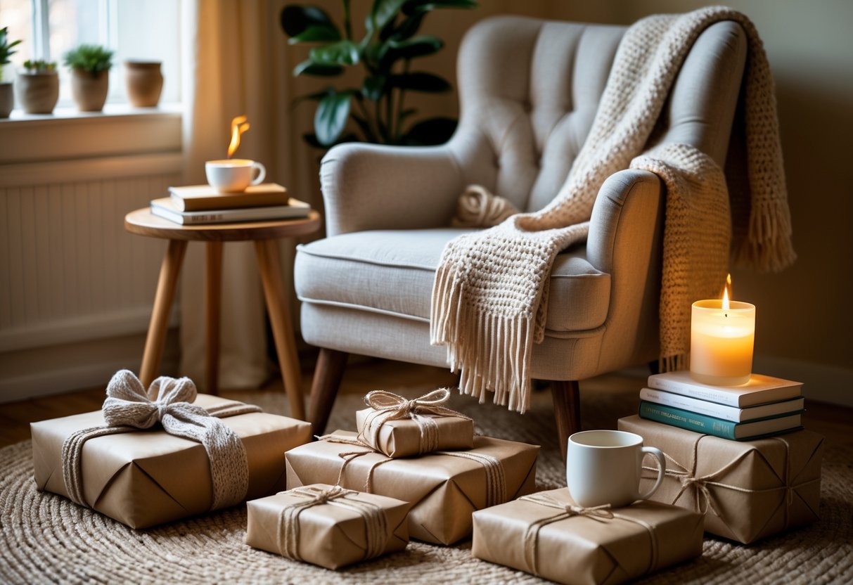 A cozy living room corner with a plush armchair, knitted blanket, steaming tea, books, candles, and wrapped birthday gifts arranged to create a relaxing and thoughtful atmosphere.