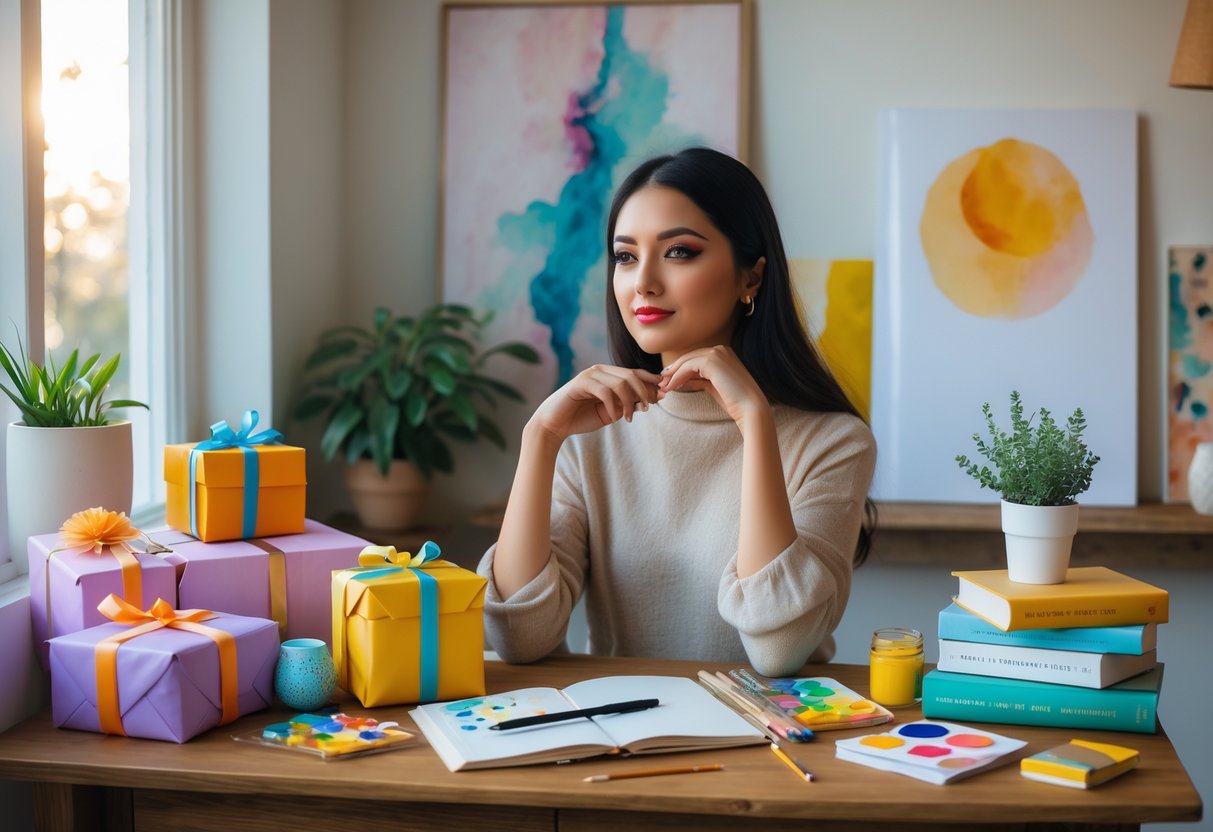 A young woman sitting at a wooden desk surrounded by wrapped gifts, art supplies, books, and a small plant in a softly lit room.