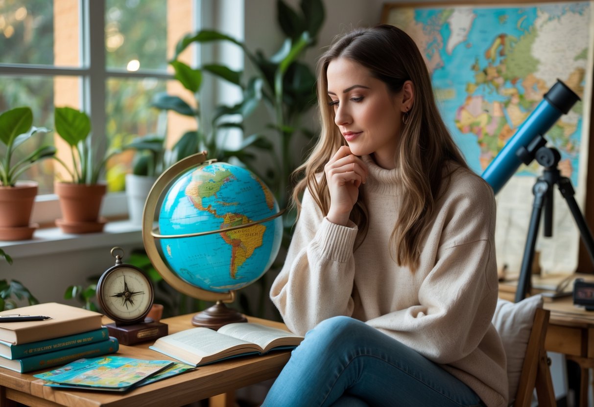 A young woman in her 20s sitting in a cozy room, examining a globe surrounded by a compass, journal, telescope, and travel books.