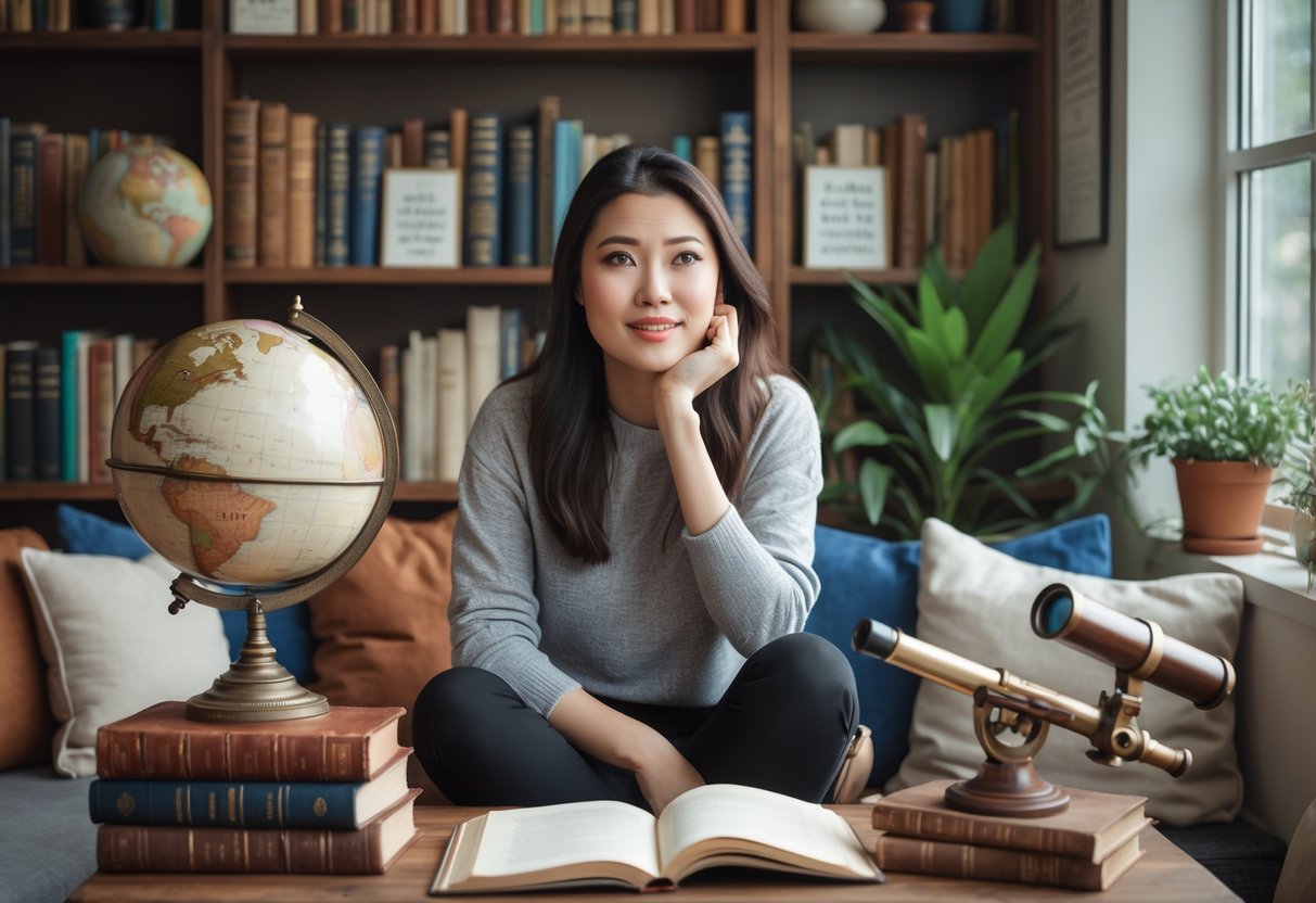 A young woman sitting in a cozy reading nook surrounded by books, a globe, a small telescope, and artistic items that represent her love for reading and big ideas.