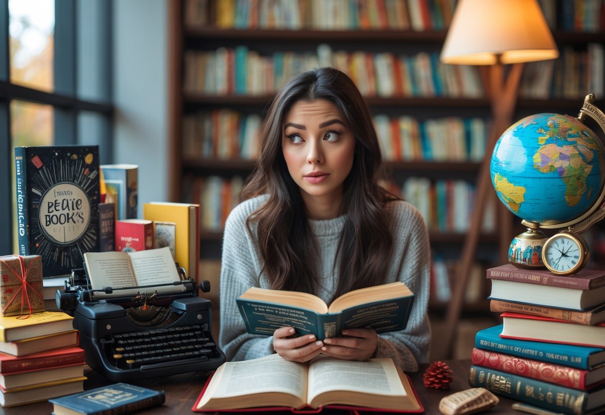 A young woman reading a book in a cozy nook surrounded by unique book-themed gifts and creative items.